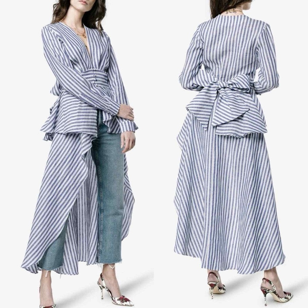 JOHANNA ORTIZ blue and white striped linen maxi dress, size 0